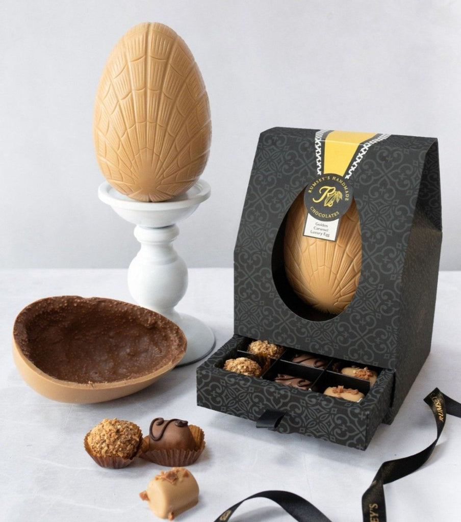 Special chocolate caramel Easter egg in a box with 9 exquisite chocolates in drawer  Message by Post Delivered UK 
