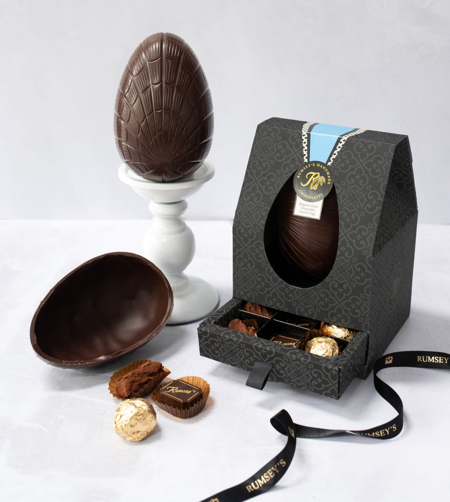 Beautiful artisan dark organic chocolate Easter egg in a box with 9 exquisite chocolates in drawer 