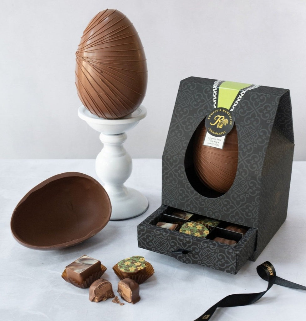 Handmade luxury organic milk chocolate Easter egg containg 9 artisan luxury chocolates 