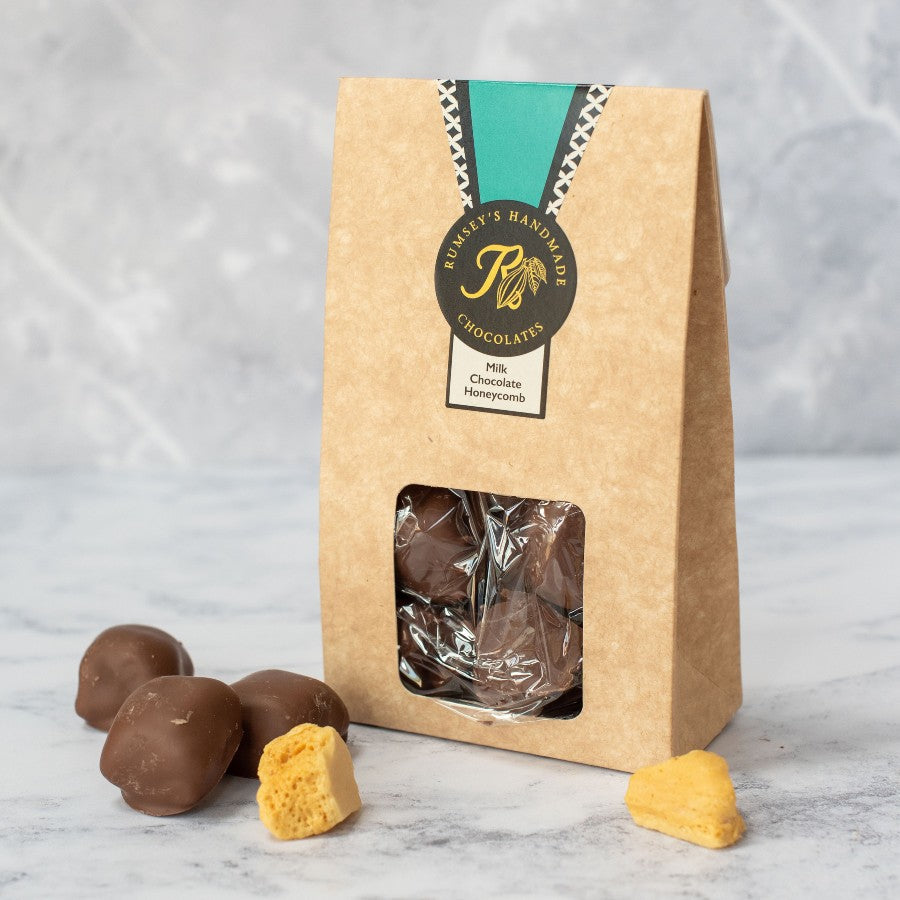 Milk chocolate honeycomb box with honeycomb pieces